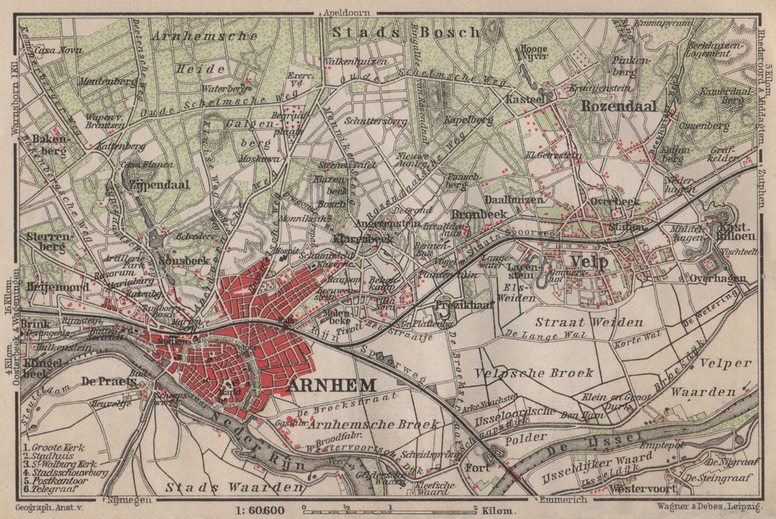 ARNHEM ENVIRONS. Velp. Netherlands kaart. BAEDEKER 1905 old antique map chart
